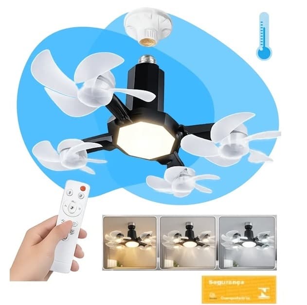 Ventilador De Teto 4Drones-5Pás LED 3-TONS Bivolts Instalar Direto em Soquete E27 - c/Lâmpada Led Ajustável c/Controle Remoto - Delomero