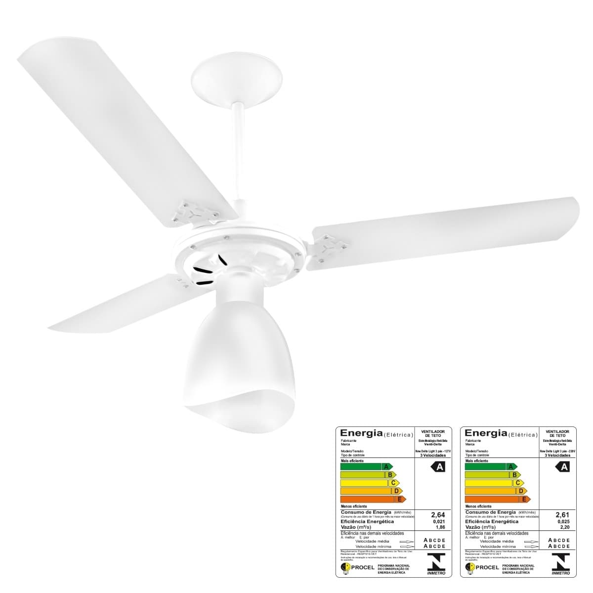 VENTILADOR DE TETO VENTI-DELTA SUPER LIGHT 110V10,0UF 130W BRANCO 3PAS MDF BRANCAS 1LUZ CHAVE 3VELOCIDADES - CONSUMO A - foto 1 de 3