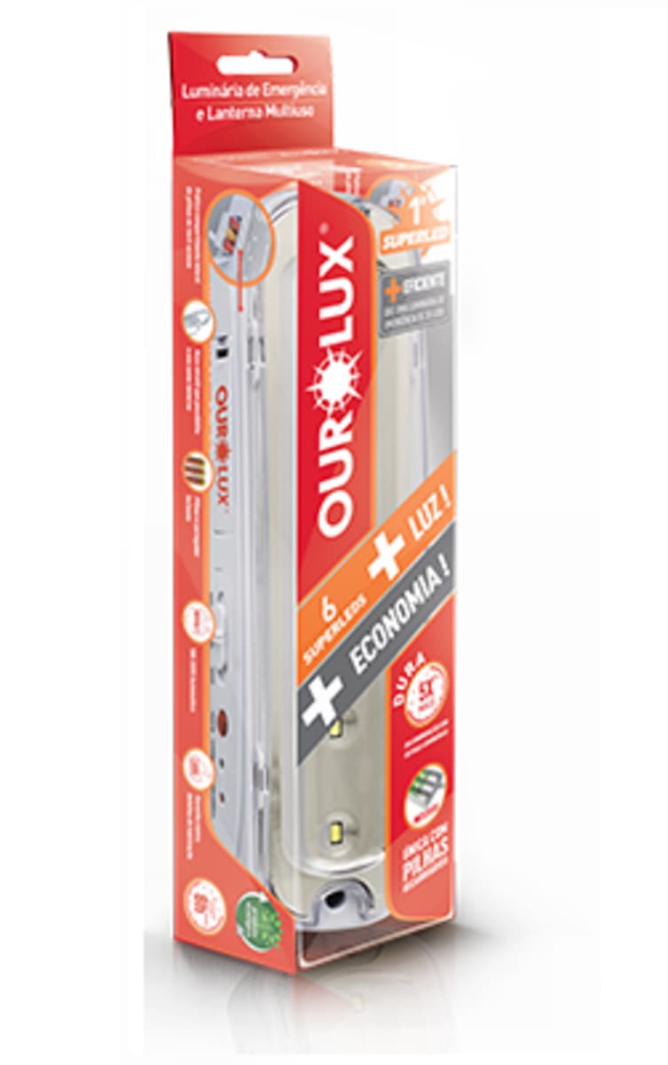 LUMINÁRIA DE EMERGÊNCIA BIVOLT C/6 SUPERLEDS 1W BIVOLT BRANCO OUROLUX - C/PILHA RECARREGAVEL - foto 1 de 3