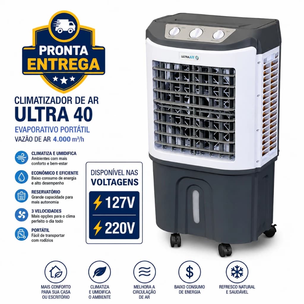 CLIMATIZADOR DE AR 040LT 110V150W ULTRAAR VAZÃO-4.000M3/H ATÉ 20M2 UMIDIFICADOR PORTÁTIL ULTRA40 FBOCP-0003