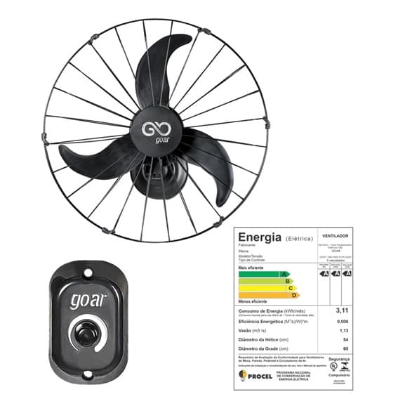 VENTILADOR DE PAREDE 060CM SOLASTER GOAR ACAPULCO 60 220V150W PRETO HEL-3PAS G/METAL CHAVE CONTROLE ROTATIVO