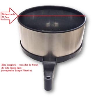 BICA ESCOADOR DE SUCO DO ESPREMEDOR VITALEX VITA SUPER INOX GRANDE - PLASTICA C/PARTE CENTRAL INOX C/TAMPA PLÁSTICA - ENCAIXE EIXO 11MM - BASE 169MM - foto 1 de 4