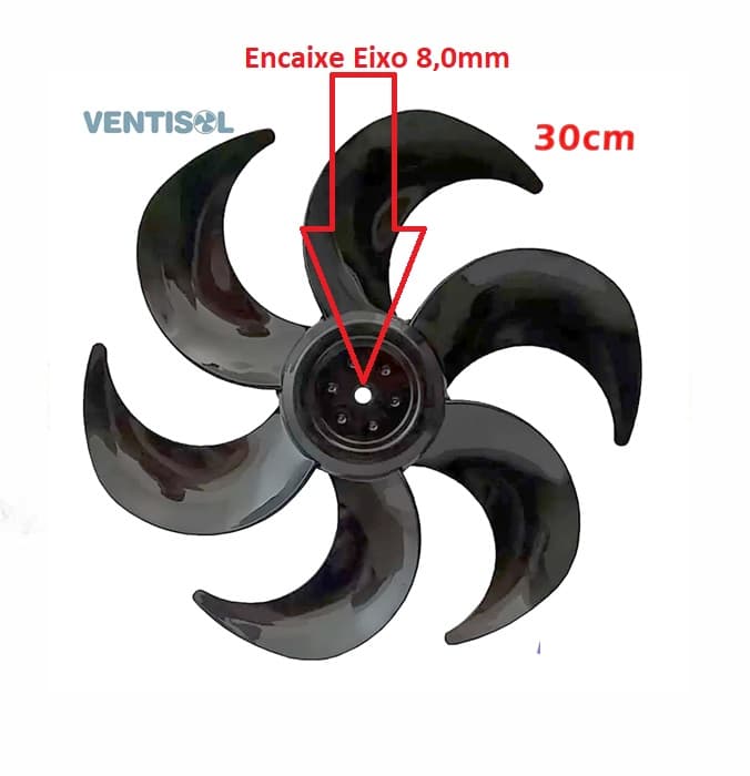 HELICE DE 30CM P/VENTILADOR VENTISOL TURBO6 NOTOS 30CM 6PAS COR PRETA - FIXADA C/PORCA ROCA ESQUERDA EIXO 08,0MM PONTA REDONDA C/TRAVA TRASEIRA - foto 1 de 2