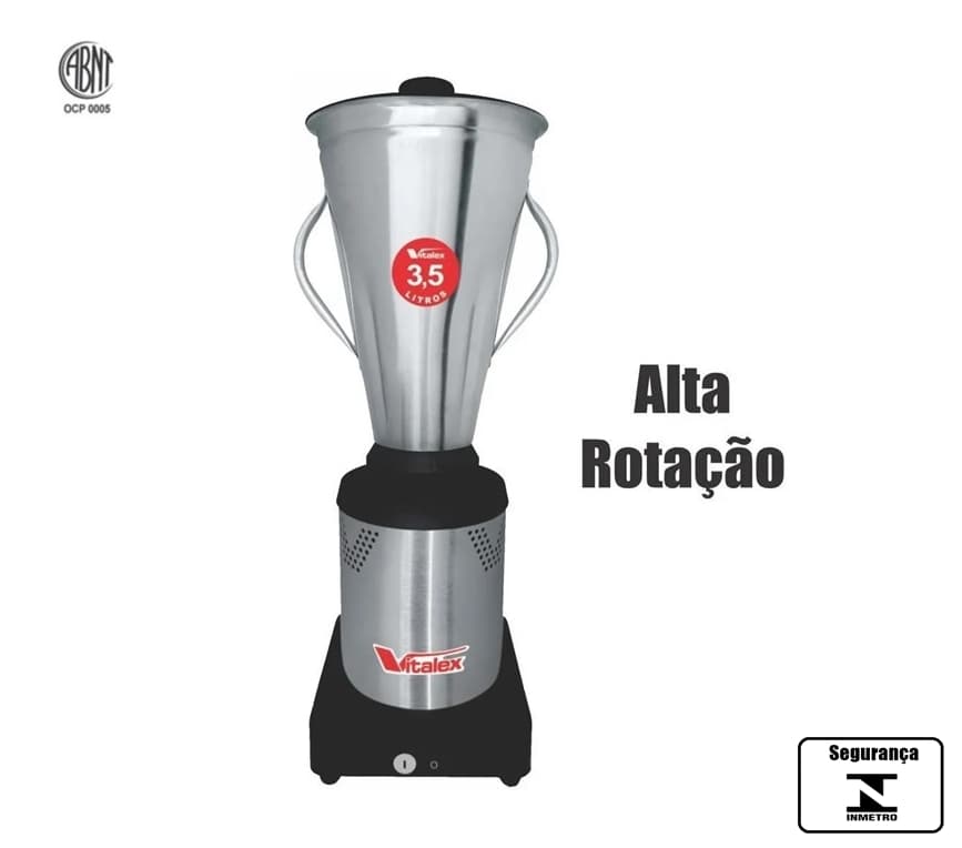 LIQUIDIFICADOR INDUSTRIAL 03,5LT AR-ALTA ROTAÇÃO VITALEX 110V1200W-CONSUMO/POTÊNCIA 22000RPM - COPO VITA INOX - LI-03,5/127V (OCP-005 ABNT) - foto 1 de 3