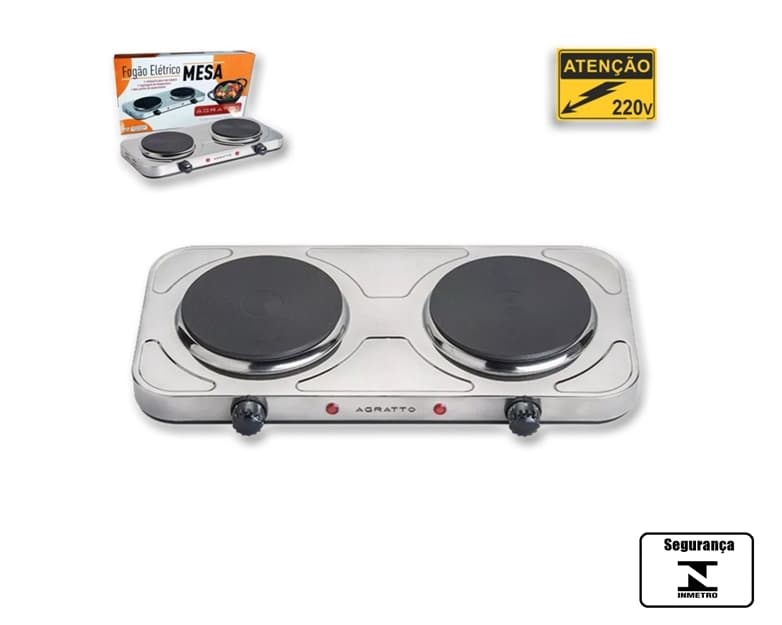 FOGÃO ELÉTRICO COOKTOP PORTÁTIL INOX 220V2000W 2-BOCAS ANTI-ADERENTE AGRATTO FM-02 MR.CHEFF - SALDÃO C/EMBALAGEM AVARIADA* - foto 1 de 4