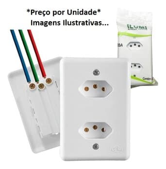 CONJUNTO TOMADA ELéTRICA DUPLA 2P+T 20A COM TRAVA PINO DE 10 AMPERES - COR BRANCA - ILUMI STYLUS MONOBLOCO REF.201210 - FáCIL INSTALAçãO