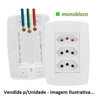 CONJUNTO TOMADA ELéTRICA TRIPLA 2P+T 20A COM TRAVA P/PINO 10AMPERES - COR BRANCA - ILUMI STYLUS MONOBLOCO REF.87124 - FáCIL INSTALAçãO