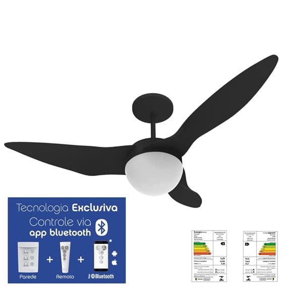 VENTILADOR DE TETO ALISEU TERRAL PLUS PRETO 110V150W LUMINARIA P/2-LAMP CV3V + CONTROLE REM C/BLUETOOTH *MAIOR VENTILACAO+SILENCIOSO *CONSUMO A* - foto 1 de 2