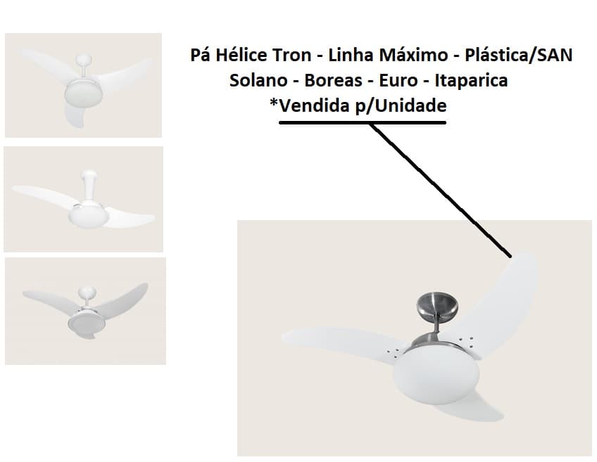 PÁ HÉLICE P/VENTILADOR DE TETO TRON - PLÁSTICA BRANCA FACÃO C/RECORTE *VENDIDA P/UNIDADE - MÁXIMO BOREAS EURO ITAPARICA MAX SOLANO VENOM - ORIGINAL - foto 1 de 2