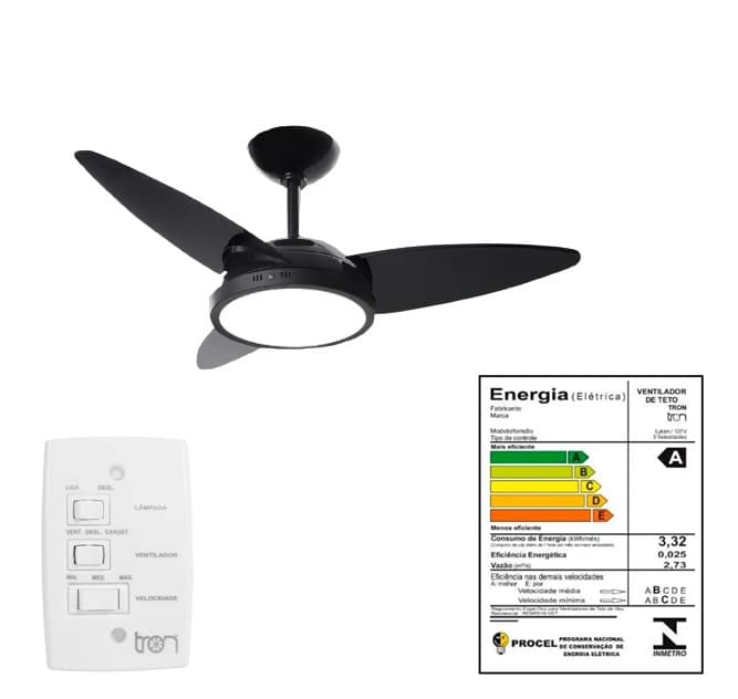 VENTILADOR DE TETO TRON NEW LYKAN 110V 130W COR PRETA 3PÁS PL LUMINÁRIA LED24W 6000K LUZ BRANCA CHAVE 3VEL - LINHA LED - foto 1 de 3