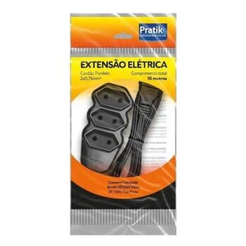 EXTENSãO ELéTRICA 3-TOMADAS 2-CABOS PARALELOS 10-METROS 2X0,75MM COR PRETA C/2-PINOS PLUG MACHO 10A X 3TOMADAS - PRATIK