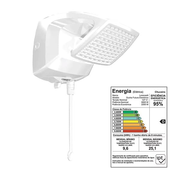 CHUVEIRO LORENZETTI - DUCHA FUTURA ELETRÔNICA 110VOLTS 5500WATTS - REGULAGEM GRADUAL DE TEMPERATURAS - DUCHA FUTURA ELETRÔNICA LORENZETTI - foto 1 de 4