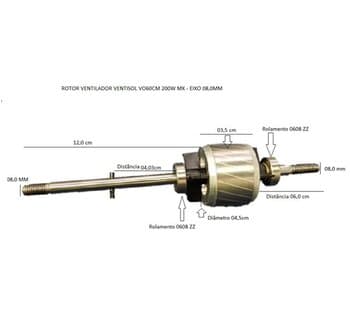 ROTOR DO MOTOR VENTILADOR VENTISOL 60CM BIV200W MX - EIXO MAÇIÇO C/ROSCA NAS PONTAS - P/HEL-08,0MM C/ROL-0608ZZ - CONTATO-25MM MAGNÉTICO-45MM DIÂMETRO