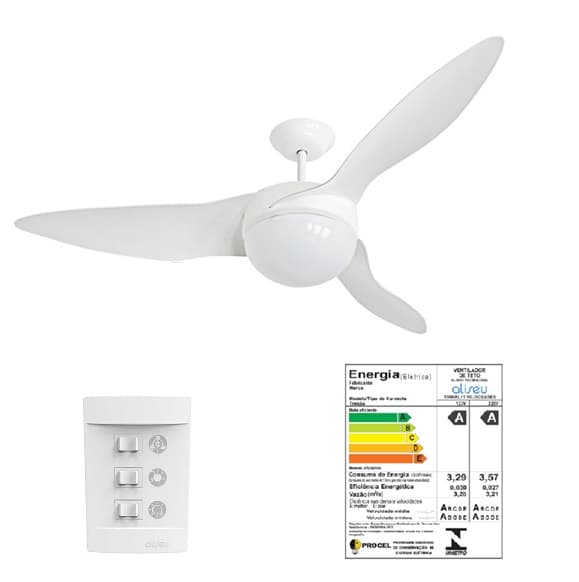 VENTILADOR DE TETO ALISEU TERRAL CV3V BRANCO 110V150W LUMINÁRIA P/2-LÂMP - *MAIOR VENTILAÇÃO + SILENCIOSO - CONSUMO A* - foto 1 de 2