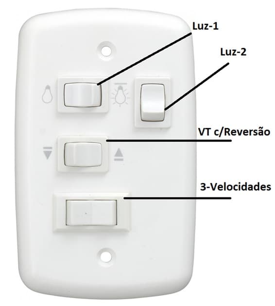 CHAVE P/VENTILADOR DE TETO R2LUZ 3VEL C/CAP.08,5UF 3,5+5,0MF C/REVERSÃO + 2-TECLAS LUZ - P/LOREN SID LUMI M3 TRON AVENTADOR LYKAN MARBELA 110VOLTS - foto 1 de 2