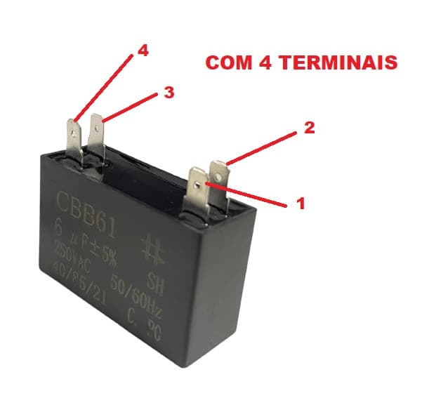 CAPACITOR 006,0UF 2/4-TERMINAL 4-POLOS QD 6,0x250VAC CBB61 - P/VENTILADOR LOREN SID ORBITAL 40CM 110-BIV 50CM 3PÁS BIV - A3,3CM X L2,0CM X C4,8CM - foto 1 de 3