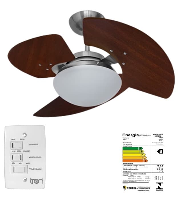 VENTILADOR DE TETO TRON AVENTADOR STILO 110V08,5UF 130W AÇO ESCOVADO 3PÁS MDF COR TABACO LUMINÁRIA 2-LÂMP. CHAVE 3VEL - LINHA MÁXIMO - foto 1 de 3