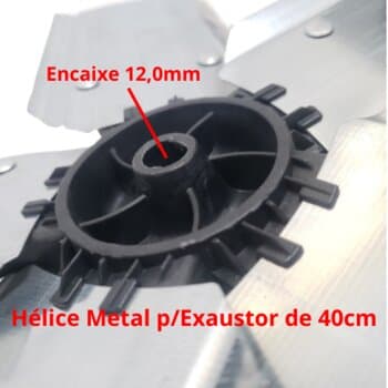 HELICE DE 40CM P/EXAUSTOR VENTISOL 5PAS METAL F12,0MM PONTA MEIA LUA C/CUBO FLANGE CENTRAL INJ.PLASTICO PRETO - FIXAR C/TRAVA N/PONTA DO EIXO