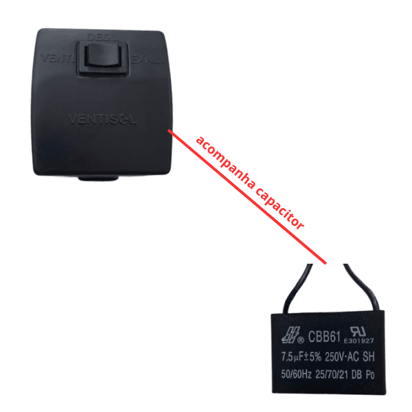 CHAVE P/EXAUSTOR VENTISOL 30/40CM 110V C/CAP-07,5UF 250VAC - 1TECLA LIGA/DESLIGA/REVERSÃO C/CAIXA DE SOBREPOR COR PRETA