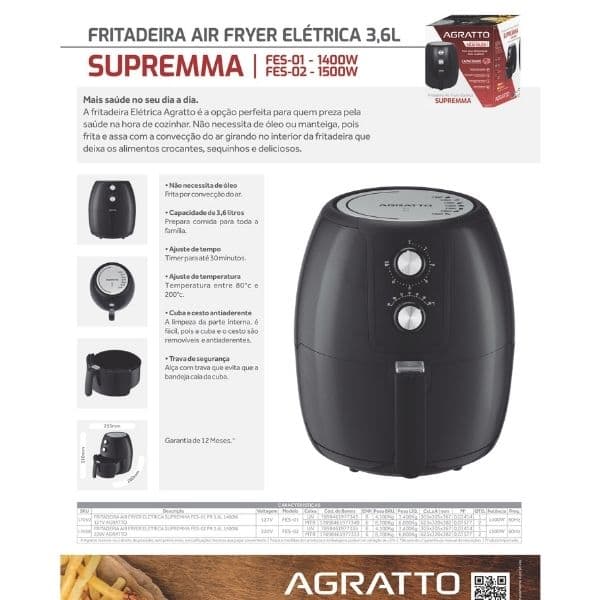 FRITADEIRA ELÉTRICA SUPREMMA FESV-01 PRETA 3,6L 1400W 110V AGRATTO - AIR FRYER FRITADEIRA SEM ÓLEO - foto 1 de 4