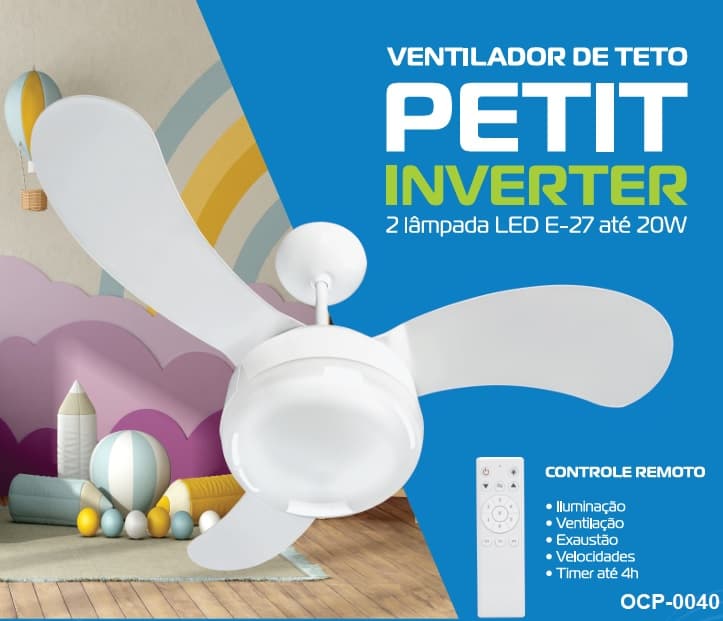 VENTILADOR DE TETO VENTISOL INVERTER INFANTIL PETIT 2-LUZ BIV110V-220V 135W BRANCO 3PAS PL MINI ARTE CONTROLE REMOTO 6-VEL - DIAM.79 80CM - foto 1 de 4