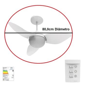 VENTILADOR DE TETO ALISEU SMART 110V BRANCO 3PAS CHAVE 3 VEL CAP-06,0uF LUMINARIA P/2 LAMPADAS - DIAMETRO TOTAL 81,0CM CONSUMO A