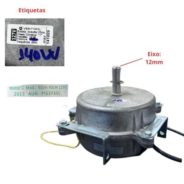 MOTOR P/EXAUSTOR VENTISOL 30CM 40CM 110V06,0UF 140W E12,0MM - *USAR CAP.06,0UF NAO INCLUIDO - MOTOR EX 30/40CM MX PI3478SC - foto 1 de 2