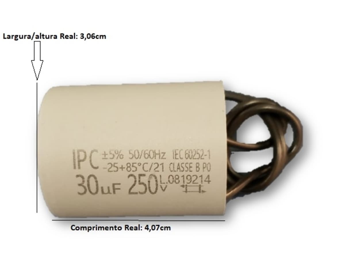 CAPACITOR 030,0UF 2FIOS RD 250VAC FIXO PPM 50/60HZ - P/PORTAO ELETRONICO DE ELEVACAO - CAP FIXO DE PROLIPR. 50/60HZ 30,0X250 - MEDIDA 32MMX61MM - foto 1 de 1
